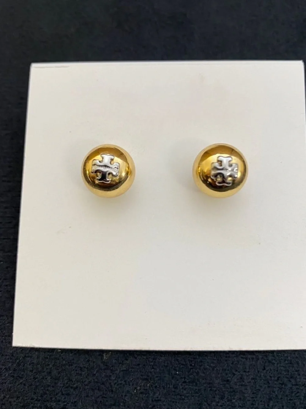 Tory Burch Two-Tone Gold and Silver Logo Button Stud Earrings